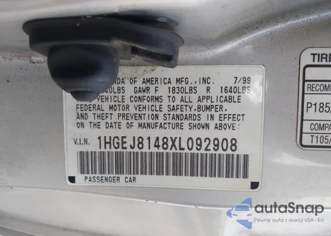 1999 Honda Civic Ex из США, поврежденный, VIN 1HGEJ8148XL092908